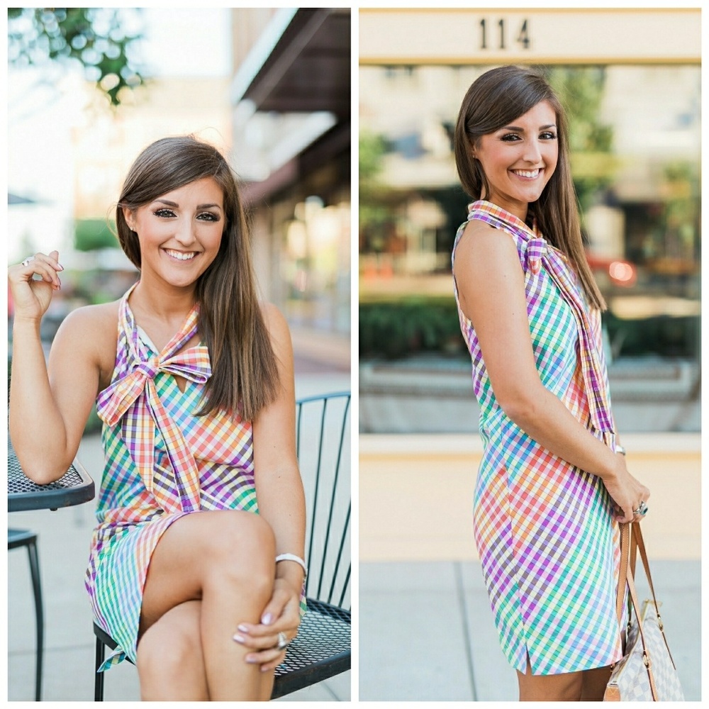 NWT, J.Crew Tie Neck Rainbow Gingham Dress - Picture 2 of 6